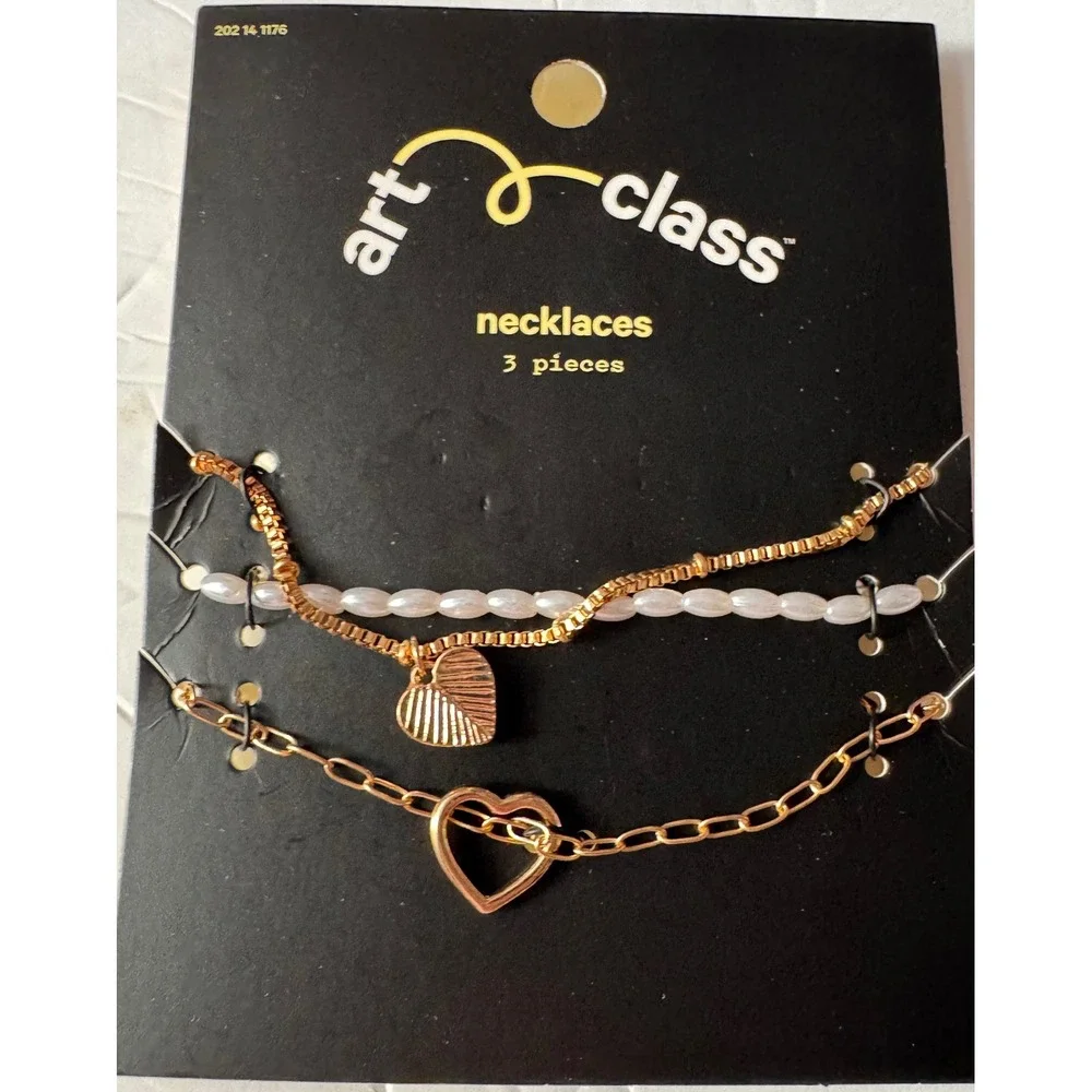 Art Class Girls 3pc Necklace Set Gold Tone Faux Pearl Heart Charms KNK4468501